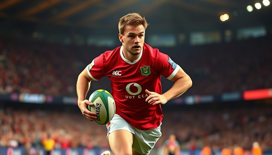 Rugby player from British and Irish Lions 2025 running with focus.
