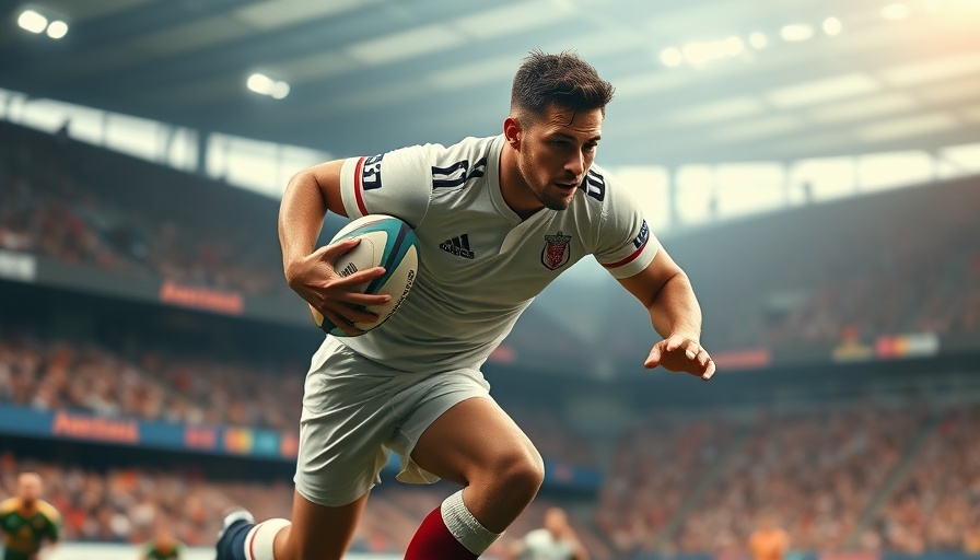 British and Irish Lions 2025 rugby player running on field, intense action.