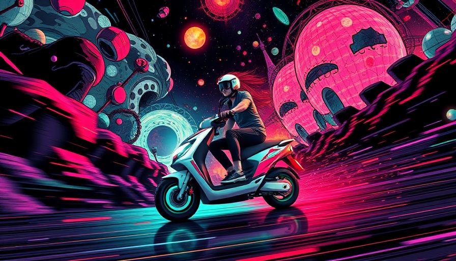 Abstract art of dynamic electric scooter ride in cosmic scene.