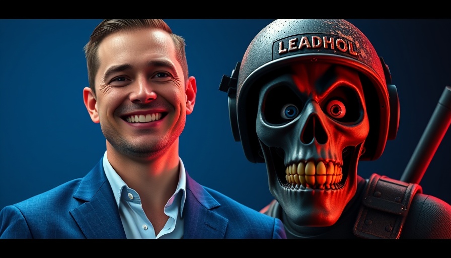 Juxtaposed image of smiling man in suit and animated Deadpool skeleton helmet.