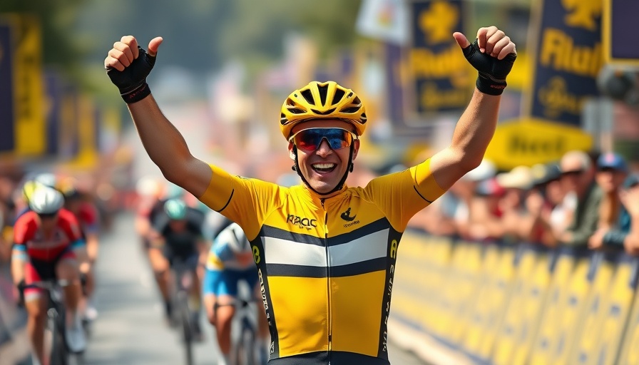 Cyclist celebrates victory in Tour de France 2025, arms raised.