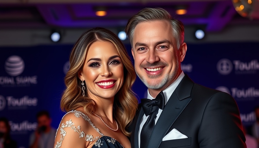 Elegant couple smiling at celebrity event backdrop, celebrity news today.