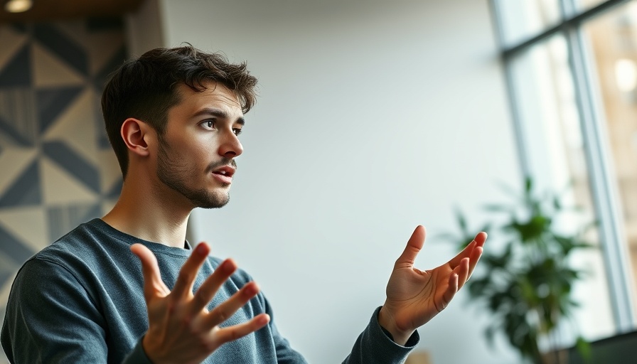 Young man explaining AI tools for answering questions in a modern setting.