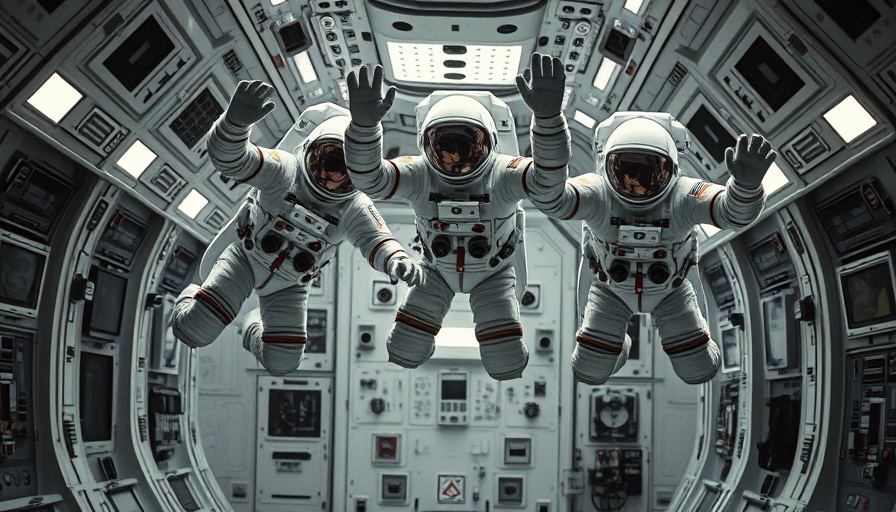 Historical photo of astronauts floating in spacecraft.