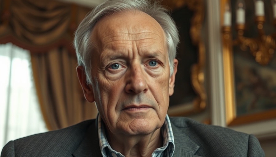 Older man with light hair looking serious, ornate background