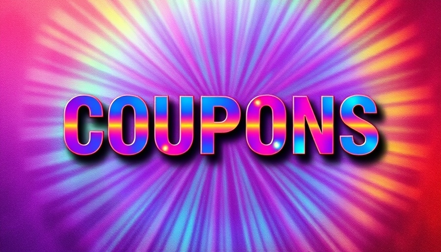 Colorful 'Coupons' text with gradient background.