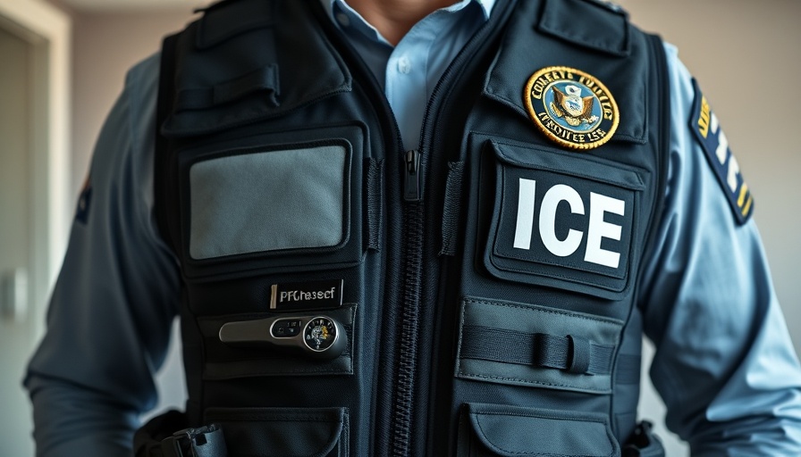 ICE officer vest close-up indoors, illustrating authority.