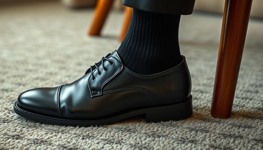 Polished black shoe with ribbed sock, formal attire close-up.