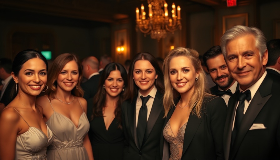 Well-dressed group at a formal event, dim lighting.