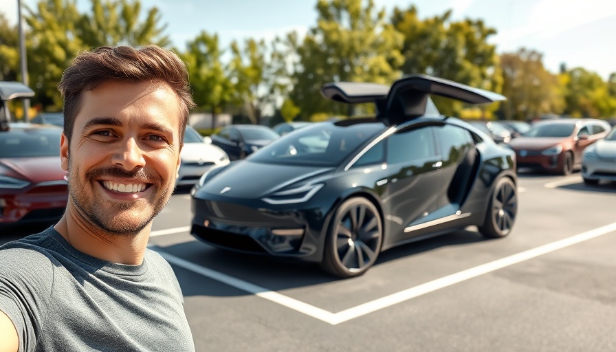Smiling man with Tesla Robotaxi in parking lot, Tesla Robotaxi experience