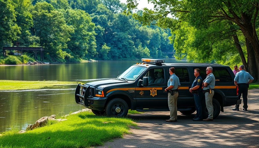 Sheriff truck and officers at riverbank, breaking international news.