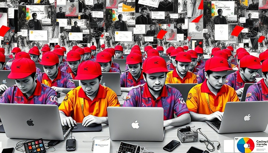 MAGA bot network concept with repetitive figures using laptops, artistic collage.