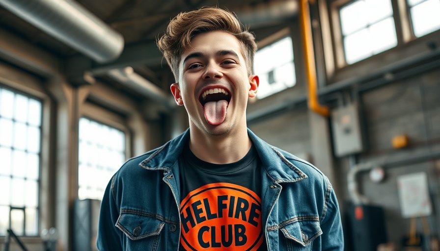 Young man in Hellfire Club shirt playfully posing.