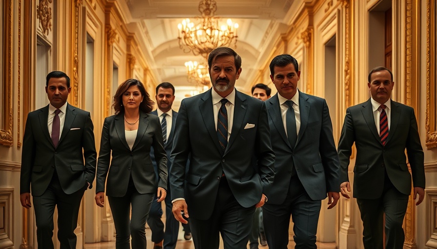 Group walking in formal corridor discussing Epstein resolution transparency news.