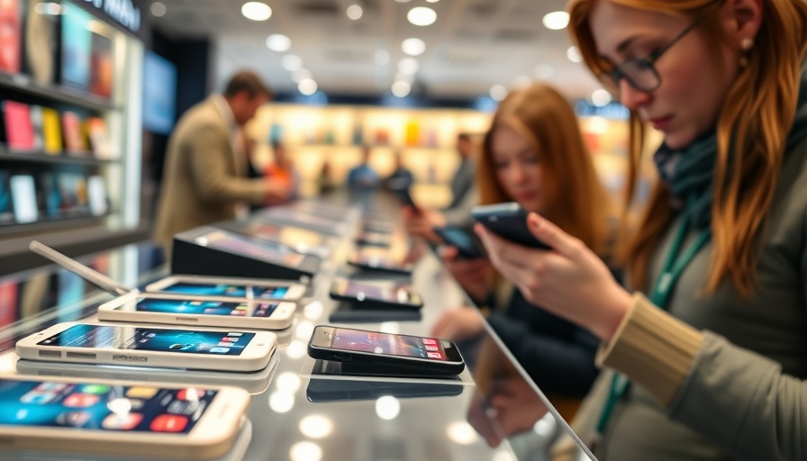 Close-up of phones in UK electronic store with bright lighting.