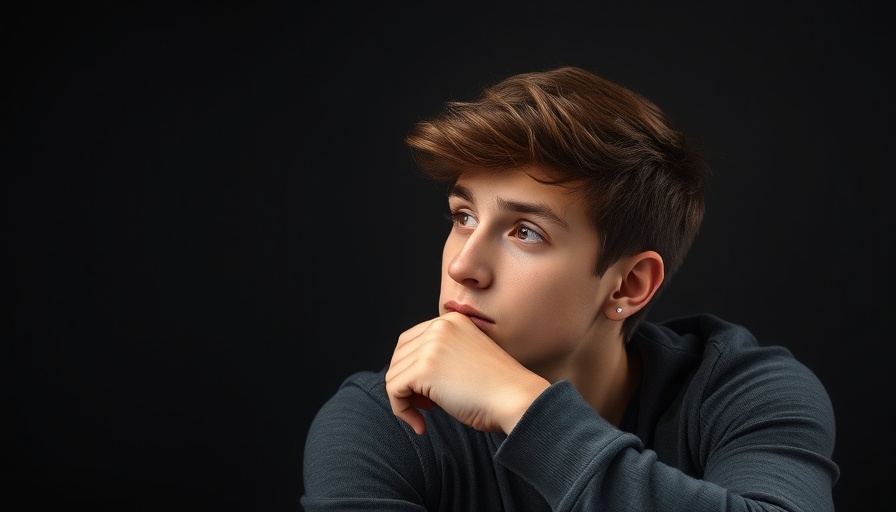 Man in red cap leaning thoughtfully against gray backdrop.