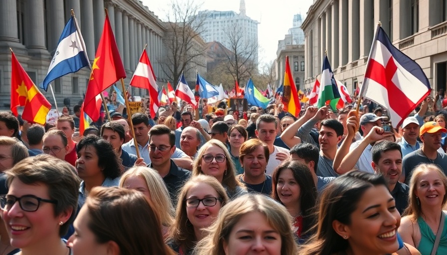Protest at Columbia University with flags and diverse crowd, sunny day.