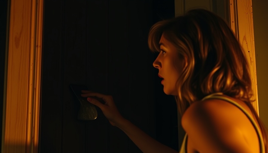Terrified woman and axe scene in dramatic setting.
