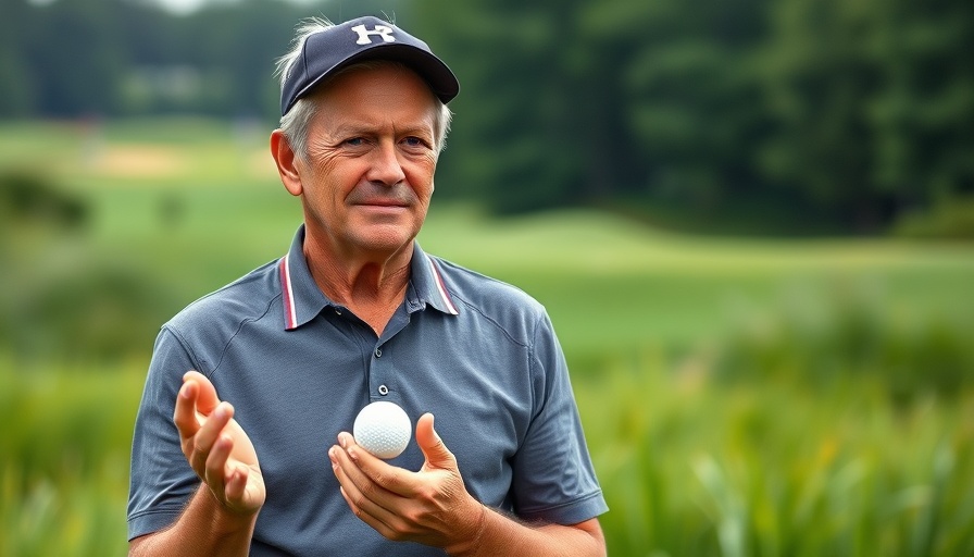 Man in golf attire shrugging on a golf course