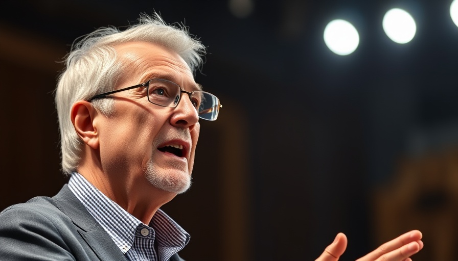 Elderly man discussing AI technology risks on stage.
