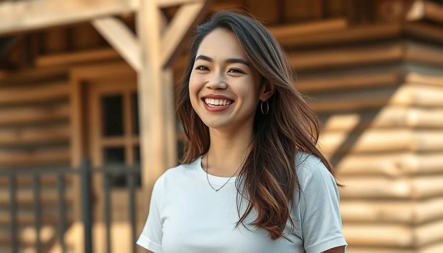 Joyful woman outdoors in casual white T-shirt, warm sunlight.