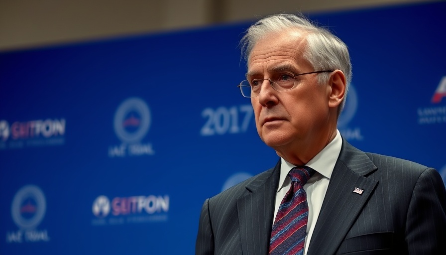 Elderly man at event with blue backdrop, thoughtful expression.