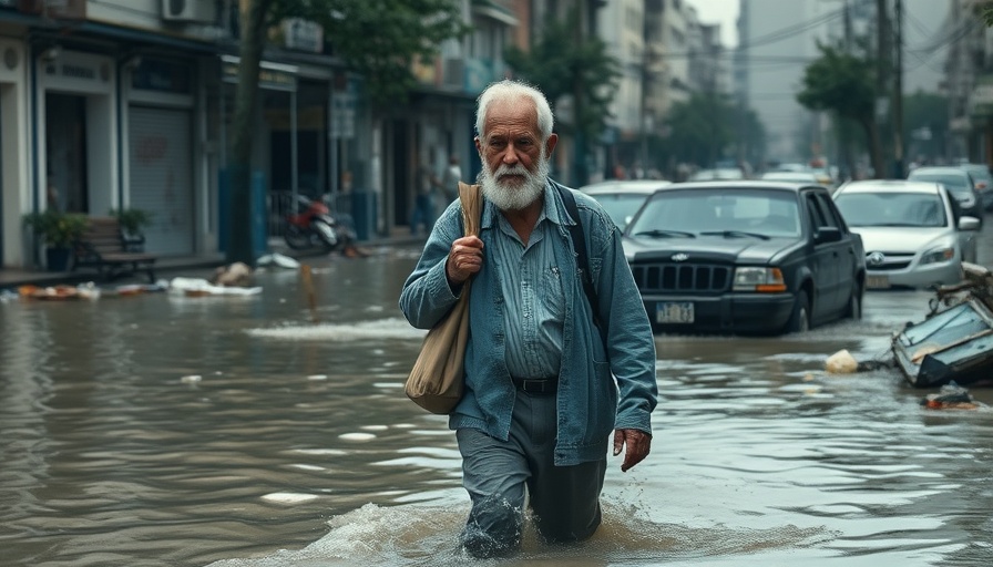 Elderly man wades through flood in urban area, world news today.