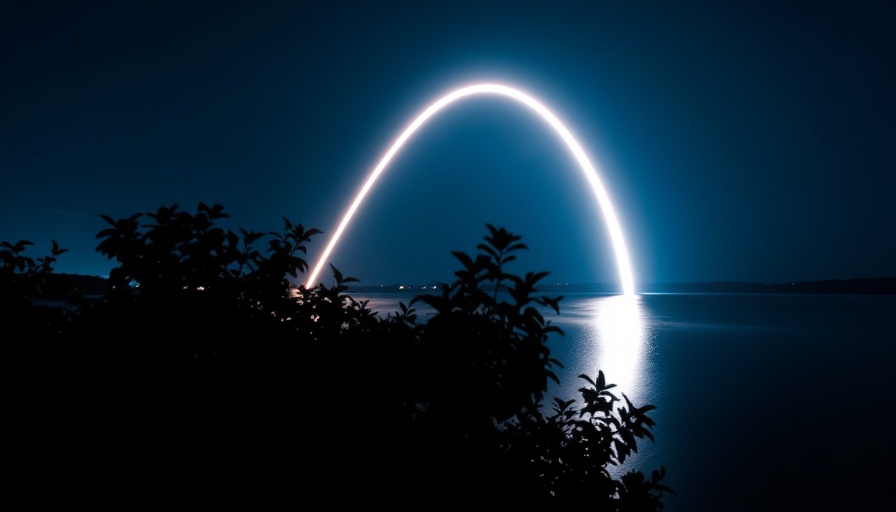 Rocket launch and trail reflected on water under night sky.