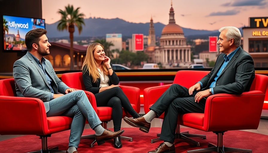Talk show scene with lively conversation in a celebrity culture setting.