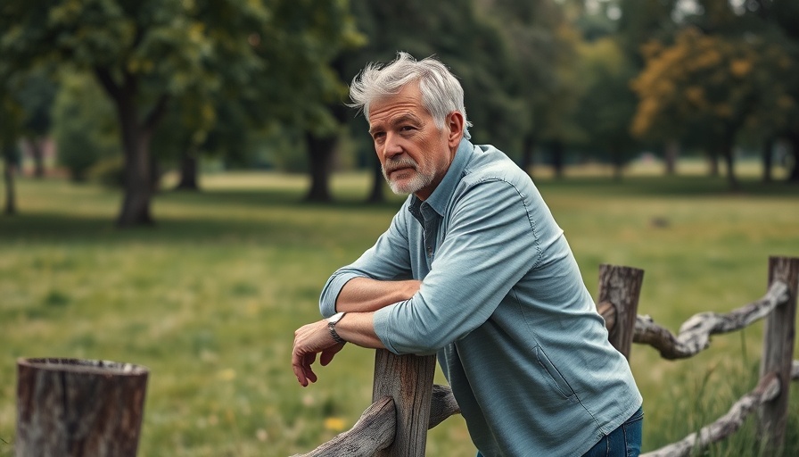 Mature man in park contemplating, linked to colon cancer early screening