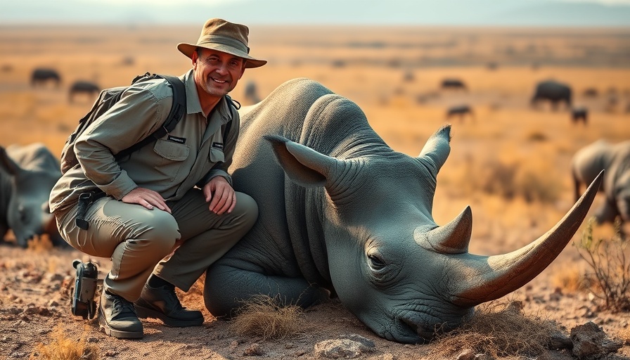 Conservationist with rhino discussing radioactive horn protection.