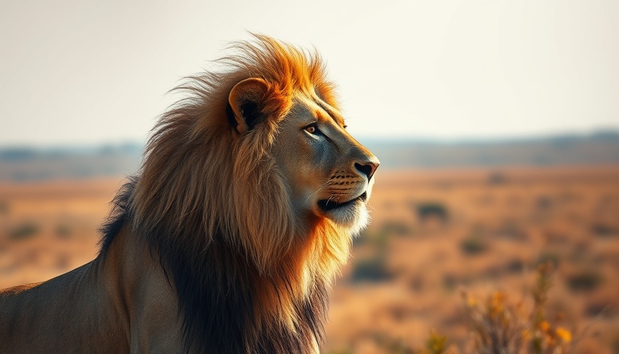 Regal lion in the savannah looking majestic, trending news on social media.