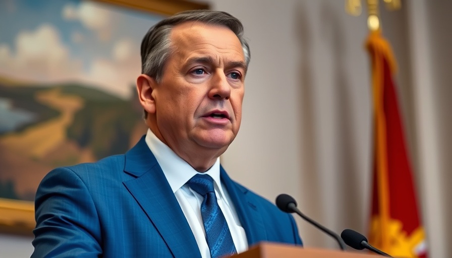 Man delivers speech at podium with onlookers in formal setting.