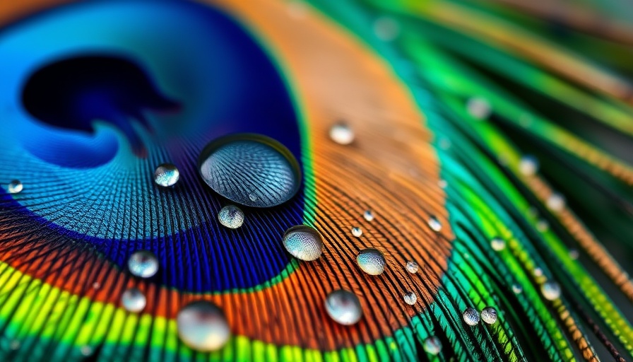 Macro shot of peacock feathers with water droplets.