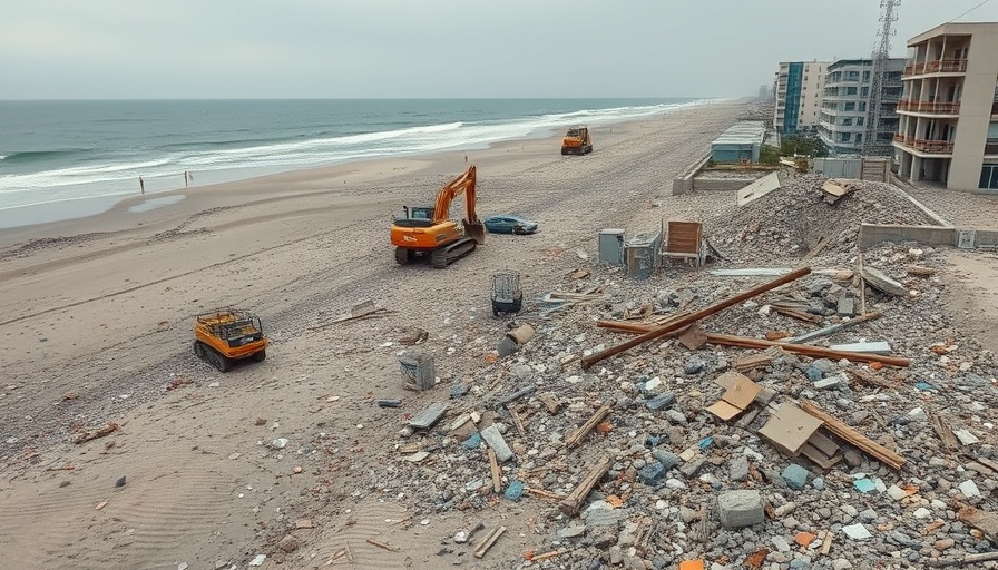 Aftermath of fire on beachfront property with construction equipment