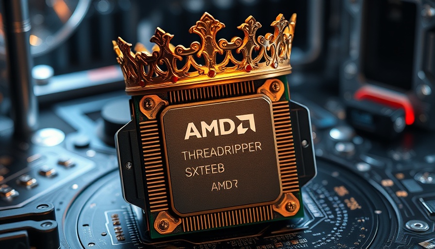 Futuristic AMD Threadripper CPU with a gold crown, symbolizing power.