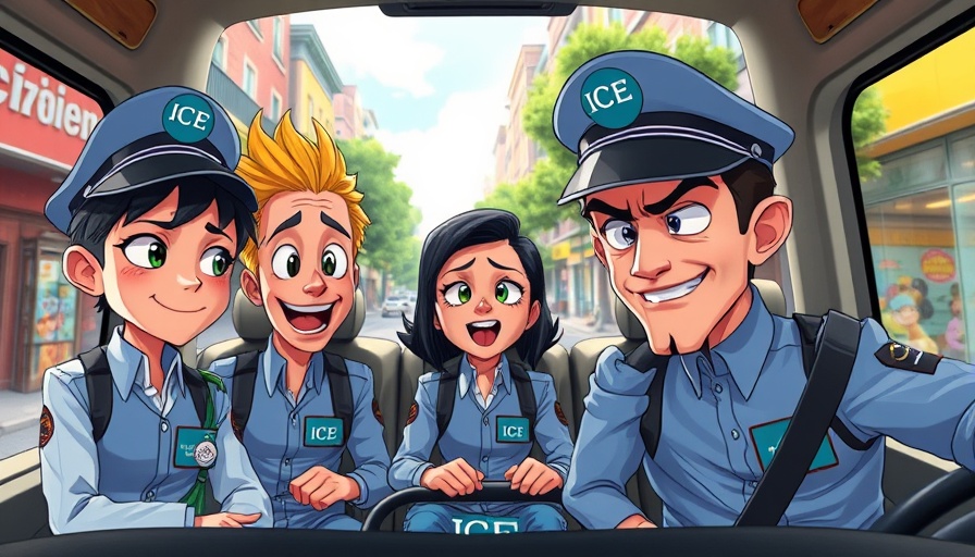 South Park characters in ICE uniforms depicted in a colorful city street.