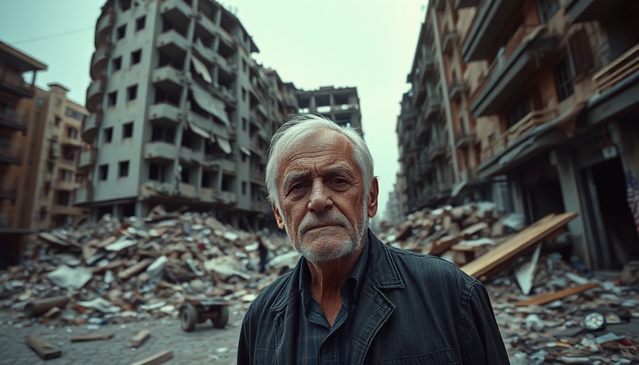 Elderly man stands in front of ruined building.