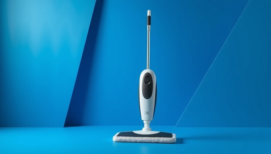 Sleek steam mop against a blue geometric background