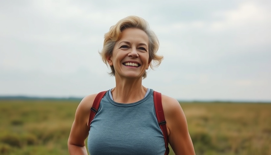 Middle-aged woman exercising in open field, rapid aging process after 50.