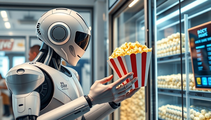 Futuristic humanoid robot serving popcorn, modern dining innovation.