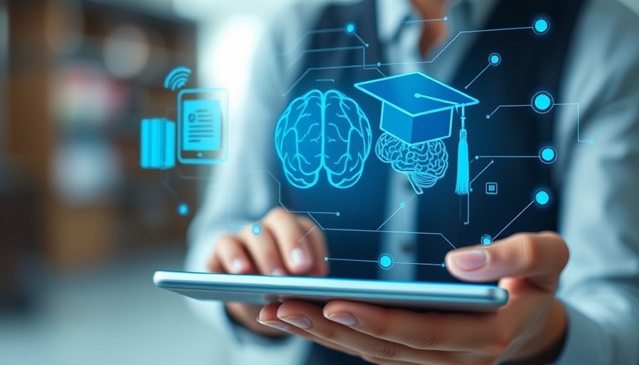 Futuristic digital interface with AI education icons.
