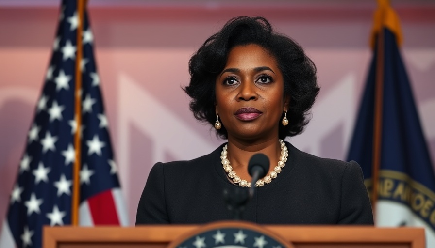 African American woman speaking at a podium with flags behind her, discussing violent crime low in Washington D.C.
