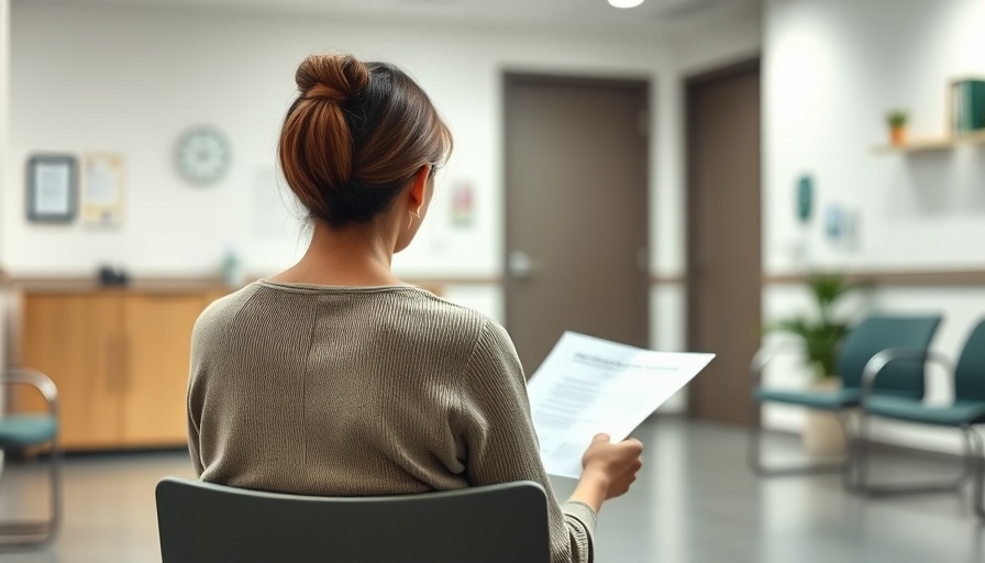 Woman seated in a medical waiting room, holding a document.