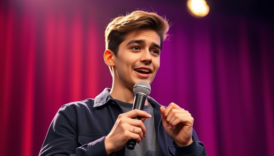 Comedian on stage with mic, warm lighting in iconic setup.