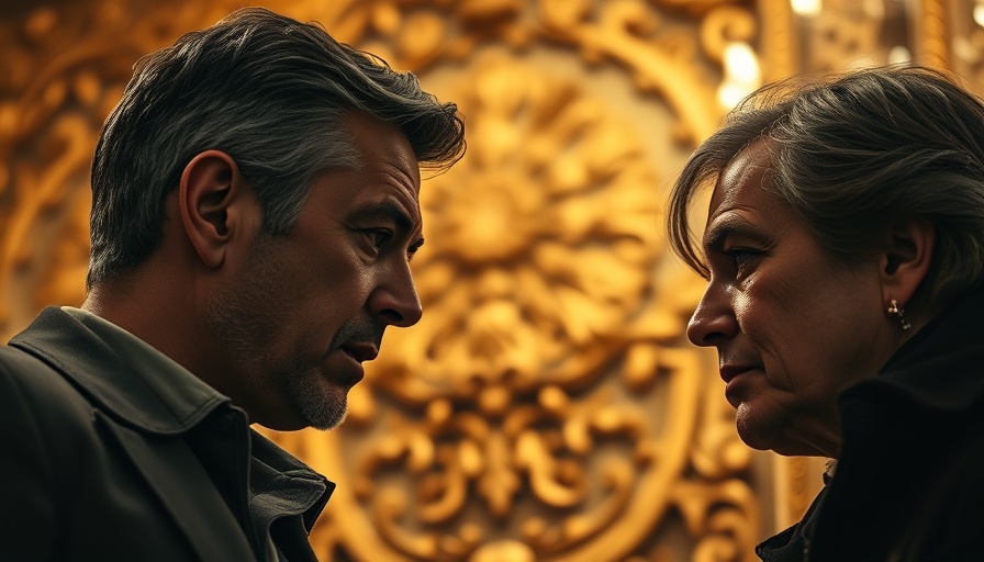 Close-up of two men in intense discussion, ornate background.