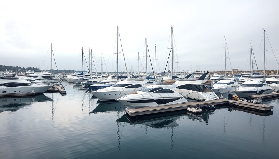 Marina with yachts and boats under an overcast sky, reflecting calm waters.