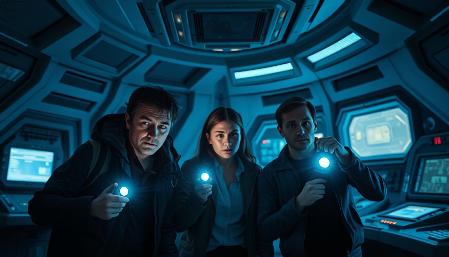 Three people exploring a futuristic room with flashlights, Best Shows on Hulu.