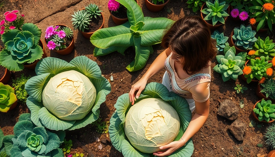 Woman gardening cabbages and flowers, promoting health according to AHA hypertension guidelines.