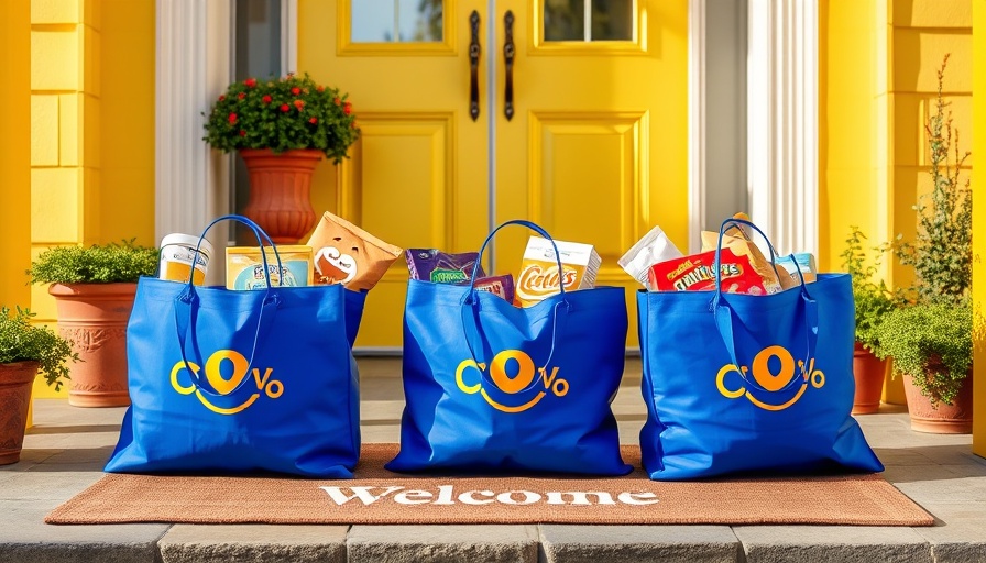 Fast delivery trends in retail: branded grocery bags on doorstep.